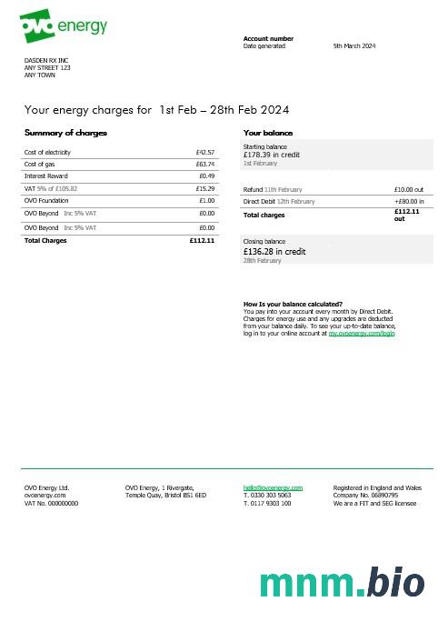Wielka Brytania Ovo Energy electricity rachunek za usługi komunalne, Word and PDF template